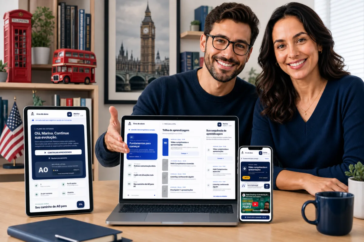 Homem e mulher apresentando o curso com elementos de Londres e a plataforma em diferentes dispositivos