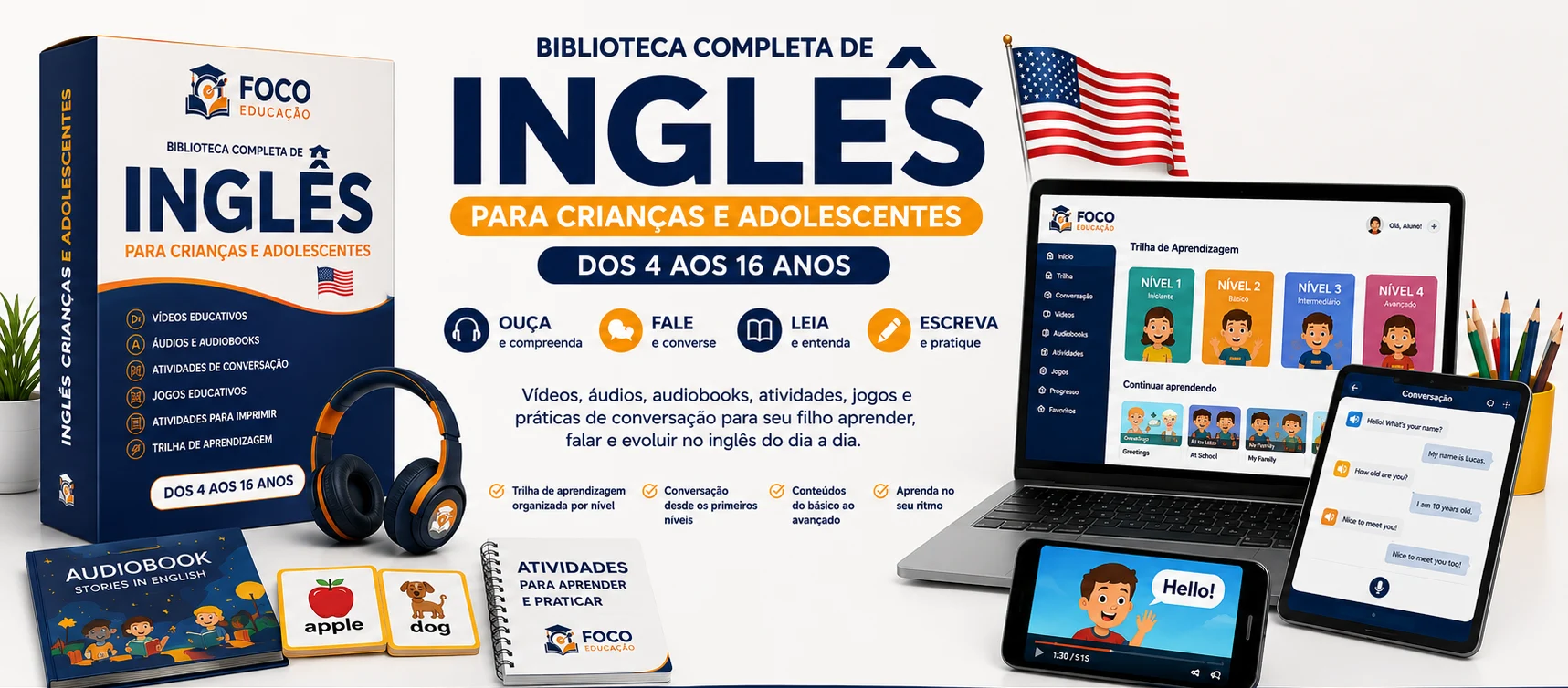 Biblioteca completa de Inglês para crianças e adolescentes, com plataforma, atividades, audiobooks e trilha de aprendizagem