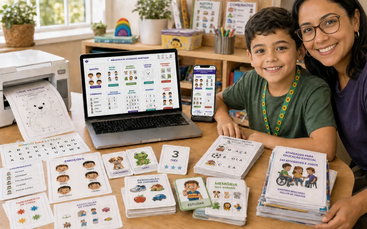 Criança e educadora apresentando uma biblioteca com 240 atividades e jogos no notebook e celular