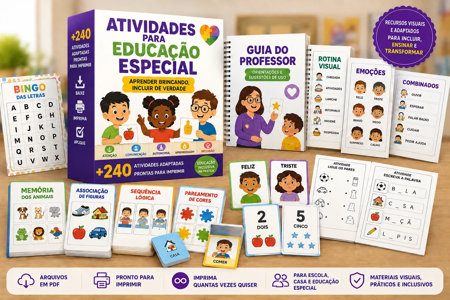 Mockup do Kit +240 Atividades para Educação Especial com caixa, guia do professor, cards e atividades adaptadas